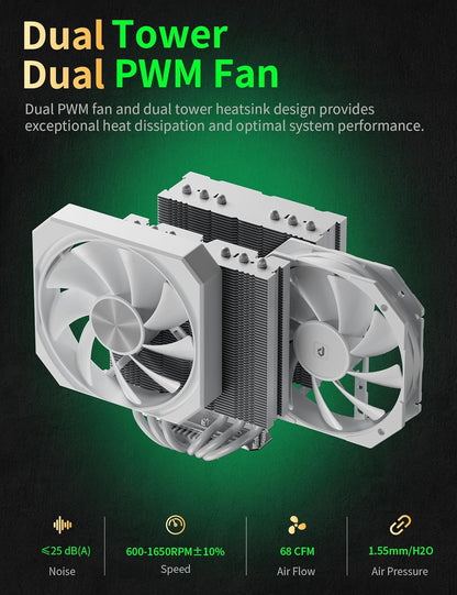 upHere White Dual-Tower 5V ARGB CPU Air Cooler, 6×Ф6mm Heatpipes,Dual PWM Fan Computer Cooling,TDP 265W, Intel LGA2066/2011/1700/1851/1200/115X; AMD AM4/AM5 (158mm in Height) up2TC6
