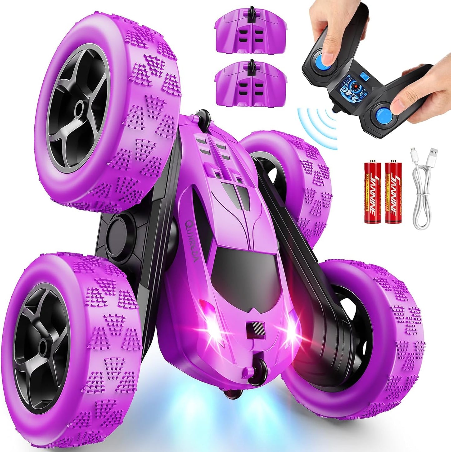 QUNREDA Remote Control Car for Kids Ages 6+, RC Cars Stunt Car Toy 4WD Double Sided 360° Rotating Remote Control with Headlights, Birthday Xmas Gifts for Boys 6 7 8 9 10 11 12 1-Blue