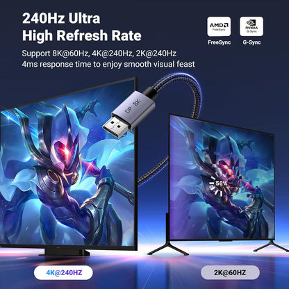 UGREEN VESA 8K DisplayPort 1.4 Cable, 8K@60Hz, 4K@144Hz, 1080P@240Hz, Support 32.4Gbps HDR, FreeSync, G-Sync, Display Port Cord Alu Braided Compatible Monitors, PC, Graphics, HDTV 6.6FT