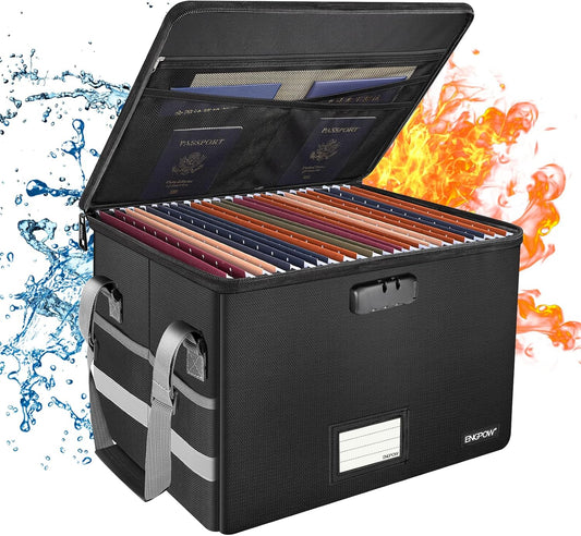ENGPOW Fireproof File Box with Lock – Anti-Static, Water-Resistant, Collapsible Document Organizer for Letter & Legal Files, Portable Home & Office Safe - PuriLite