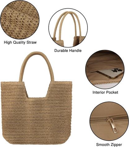 Straw Beach Bags for Women Large Beach Tote Bag Woven Shoulder Handbag Purse for Summer