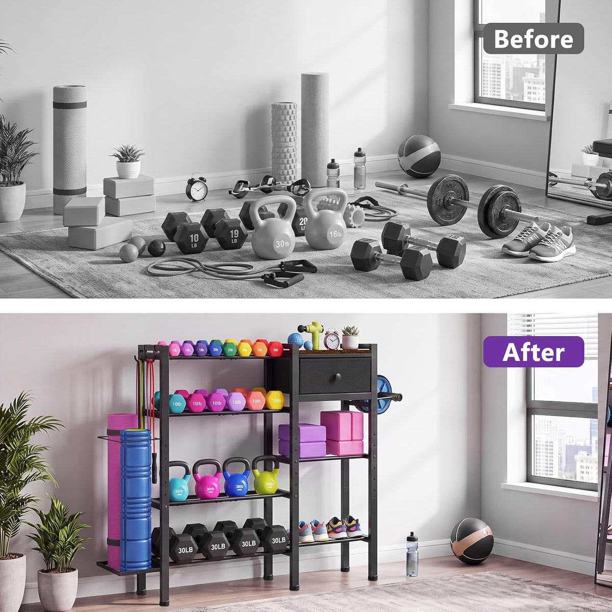 ikkle Home Gym Storage Rack, Adjustable Dumbbell Weight Rack with Drawer