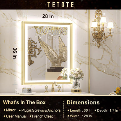 TETOTE 28x36 LED Mirror for Bathroom Black Metal Frame Frontlit & Backlit Lighted Vanity Mirror Baroque Gothic Anti Fog Stepless Dimmable White/Warm/Natural,Wall Mounted(Horizontal/Vertical)