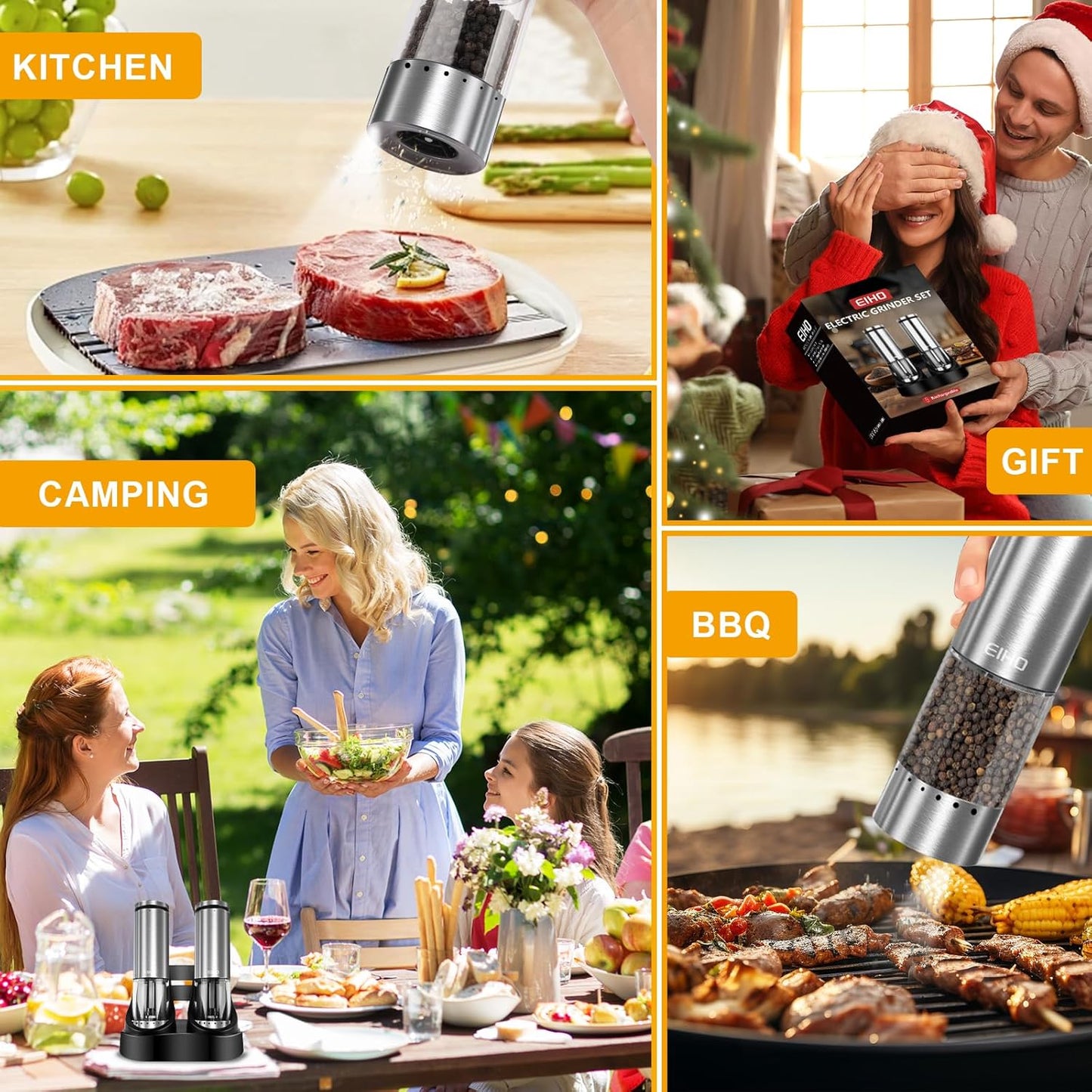 EIHO Electric Salt and Pepper Grinder Set USB Rechargeable, Upgraded External Adjustable Coarseness, Aluminum Alloy Automatic Salt and Pepper Shakers Mills with LED Light, House Warming Cooking Gifts