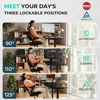 Capot Ergonomic Mesh Office Chair, Adjustable Lumbar High Back Desk Chair 400lbs, 4D Flip-up Arms, 3-Level Tilt Backrest, 3D Headrest, PU Wheels, Swivel Rolling Computer Seating for Long Desk Work