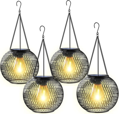 Solar Lanterns Outdoor,Hanging Metal Lanterns,4 Pack,Black Solar Lights Outdoor Waterproof Decorative Hanging Lanterns Christmas Halloween Lights for Yard Garden Patio Pathway Tree