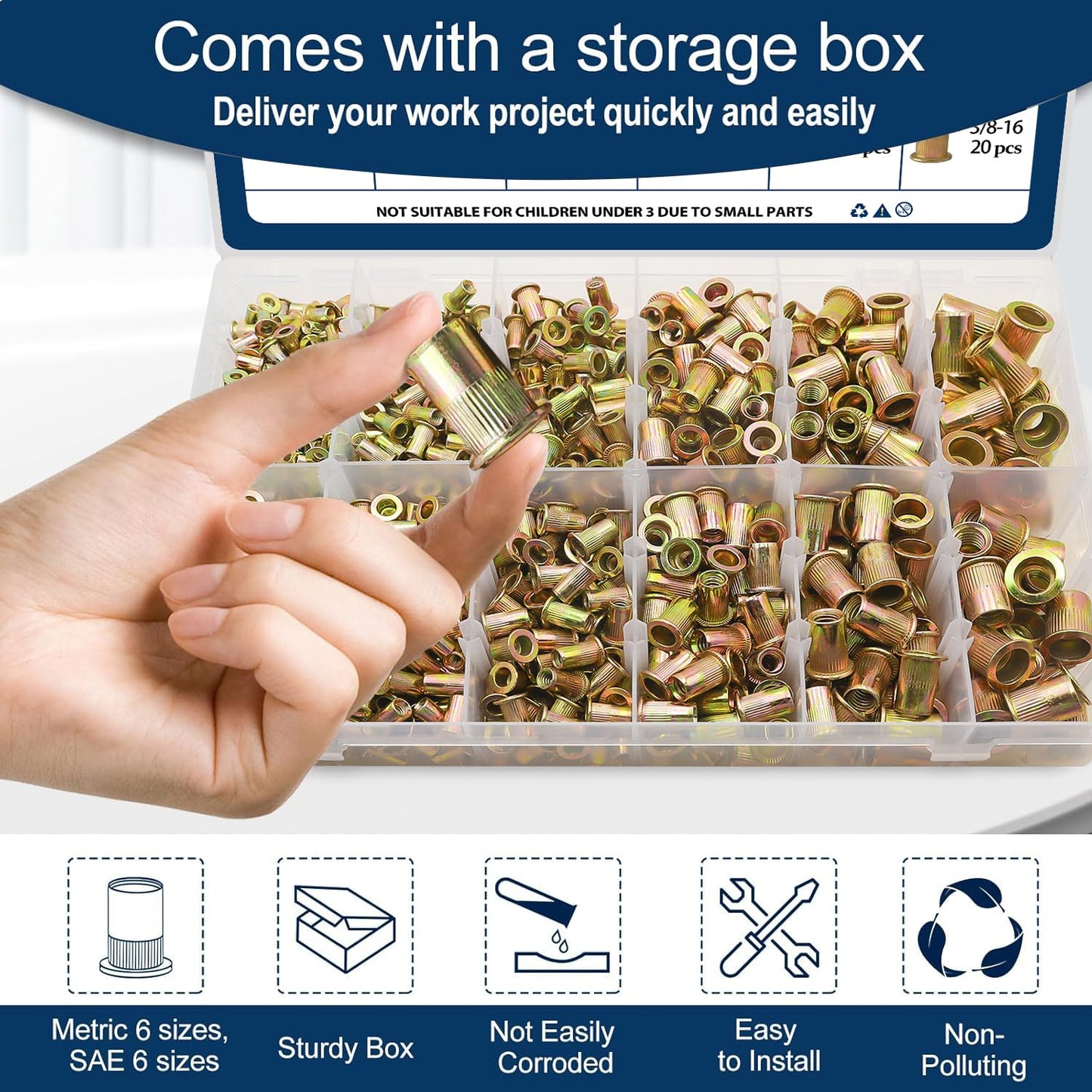 Vifmy Metric & SAE Rivet Nut Assortment Kit(420 Pcs),m3 m4 m5 m6 m8 m10 m12#6-32#8-32#10-24 1/4"-20 5/16"-18 3/8"-16 UNC Flat Head Rivnut Set,Zinc Plated Finish Carbon Steel Nutsert