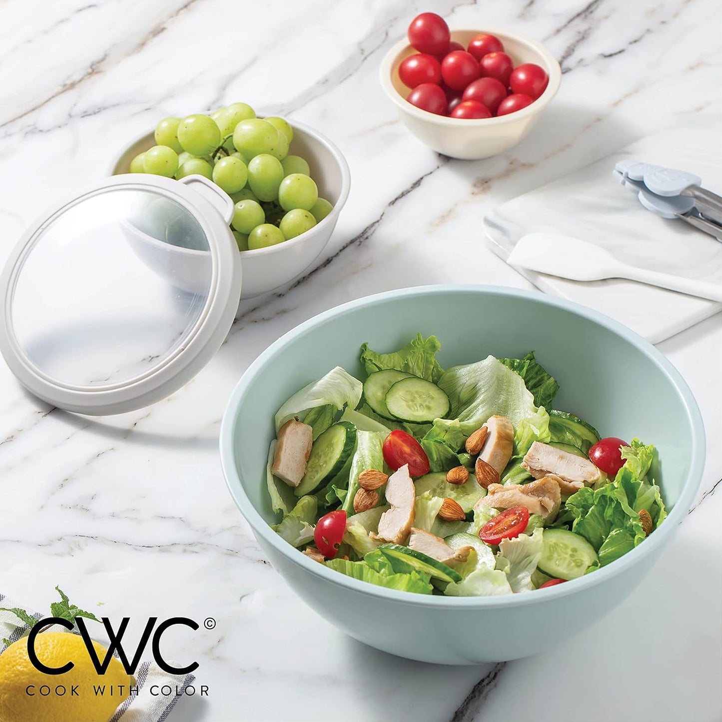 COOK WITH COLOR Mixing Bowls with TPR Lids - 12 Piece Plastic Nesting Bowls Set Includes 6 Prep Bowls and 6 Lids, Microwave Safe Mixing Bowl Set (Green)