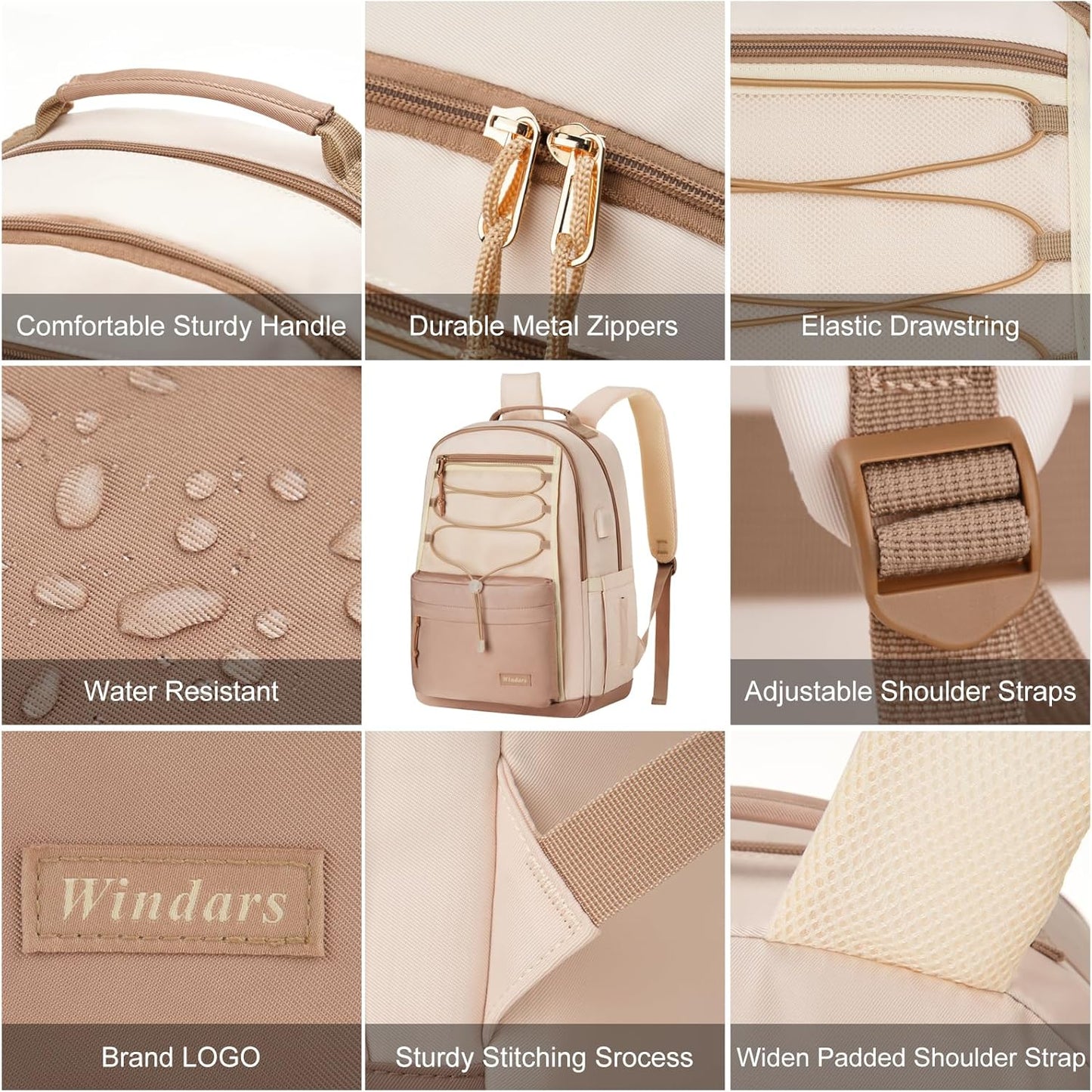 WINDARS School Backpack for Teens Girls, Aesthetic College Backpack Large Bookbag for Women Students Fashion 15.6 Inch Laptop Bag for Work Travel (Khaki Beige)