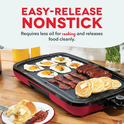 DASH Deluxe Everyday Electric Griddle with Dishwasher Safe Removable Nonstick Cooking Plate for Pancakes, Burgers, Eggs and more, Includes Drip Tray + Recipe Book, 20” x 10.5”, 1500-Watt - Red