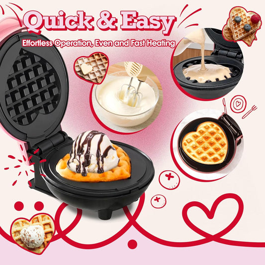 GVAKMM Mini Waffle Maker(Heart),Small Waffle Maker Keto,Mini Wafflera Iron for Kids Family and Individuals,4'' Non Stick Cooking Plates with Fast & Even Heating(Pink) - PuriLite