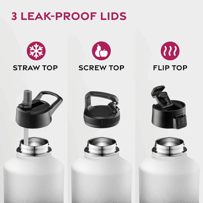 FineDine Water Bottle - Stainless Steel Insulated Water Bottle with Straw Lid, Flip Lid & Wide-Mouth Cap - Keeps Hot and Cold - 25 Oz / 739ml - Pure Pearly White