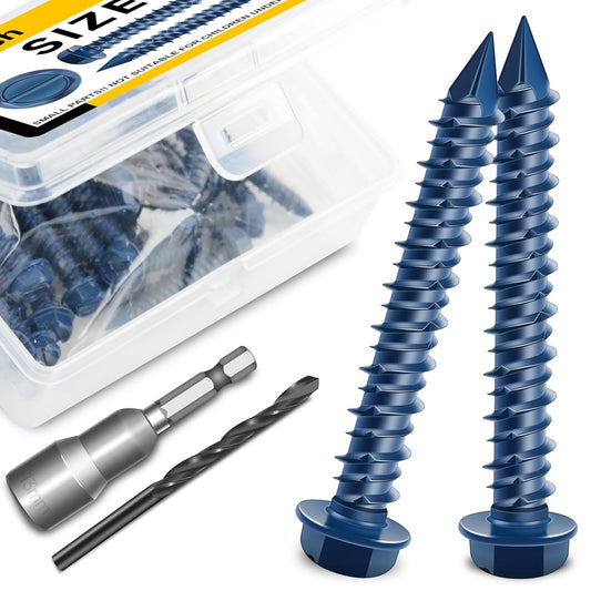 Mywish 30Pcs 1/4 x 1-3/4" Concrete Screws, Slotted Hex Washer Head Stucco Screws Anchor Kit with 3/16 Drill Bit, Masonry Screws Self Tapping for Anchoring to Masonry, Block or Brick Stucco