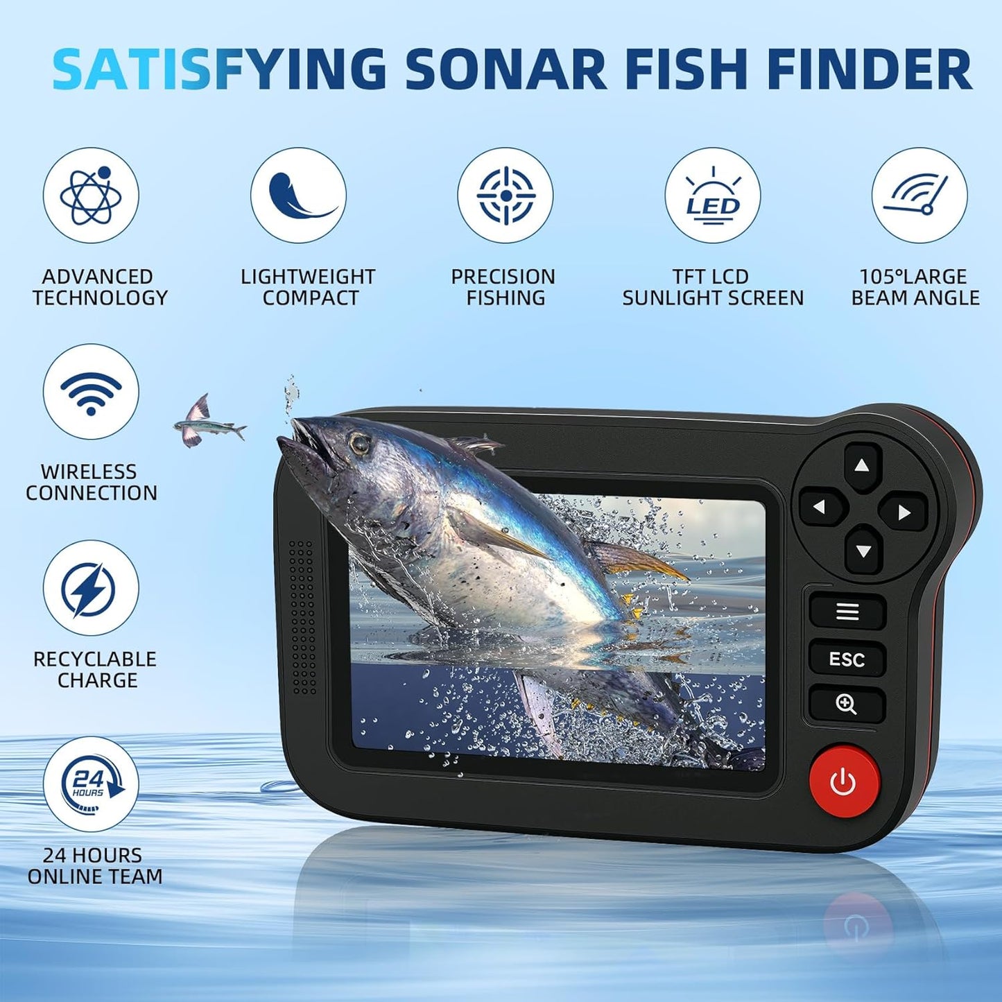 Portable Sonar Fish Finder, Rechargeable Castable Wireless Fish Finders, Kayak Fishfinder with 105° Beam Angle and TFT LCD Display, 2.6-164 FT of Boat Depth Finder for Shore, Sea ＆ Ice Fishing