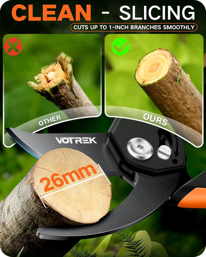 VOTREK Pruning Shears - 8.5" Heavy Duty Bypass Pruners for Gardening with Built-in Spring & SK5 Steel Blades - Ergonomic Adjustable Handle for All Hand Sizes, Garden Clipper Plant Scissors for Branch