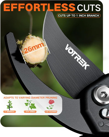 VOTREK Pruning Shears - 8.5" Heavy Duty Bypass Pruners for Gardening with Built-in Spring & SK5 Steel Blades - Ergonomic Adjustable Handle for All Hand Sizes, Garden Clipper Plant Scissors for Branch