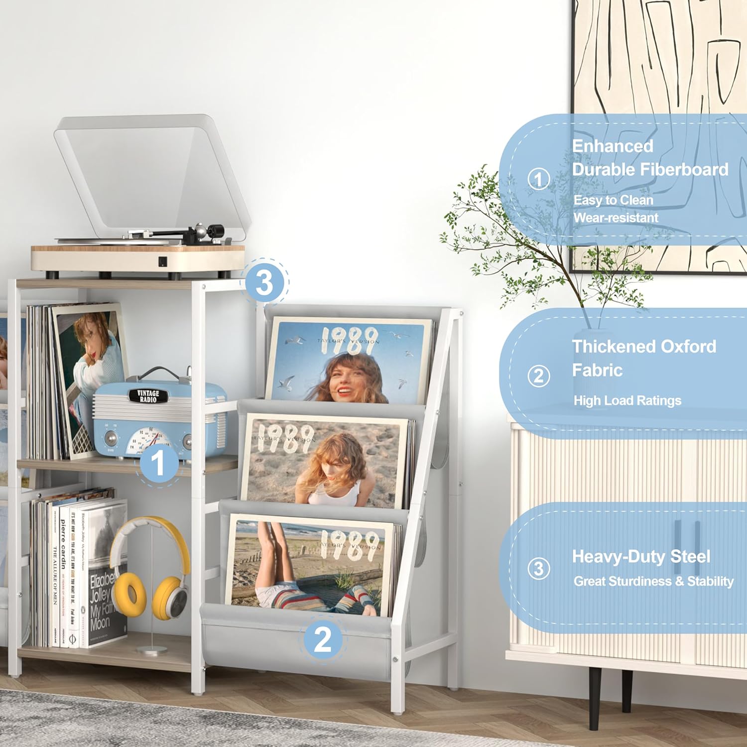 Record Player Stand with Vinyl Storage, Record Player Table with Record Storage 200 Albums, Turntable Stand with Record Holder Vinyl Display Shelf, Record Cabinet Media Stereo (White) - PuriLite