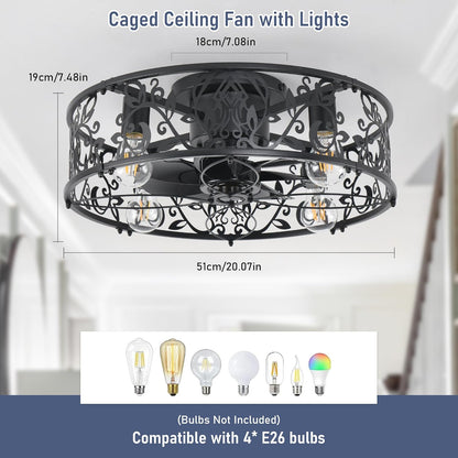 Garwarm Caged Low Profile Ceiling Fan with Lights and Remote, 20in Rustic Flush Mount Small Farmhouse Bladeless Ceiling Fan for Bedroom, Kitchen, Dining Room