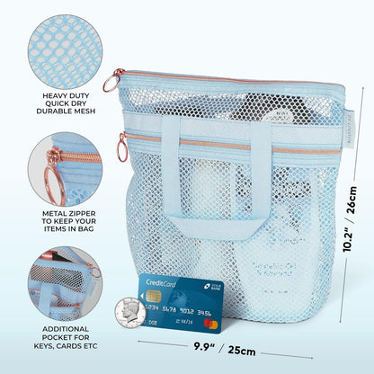Mesh Shower Caddy Portable 10.2x9.9'' Shower Bag with Zipper & 2 Pockets. Shower Tote Ideal for Gym, Travel, Camp, Beach, for Sunscreen, Dorm & College Essentials (Black)