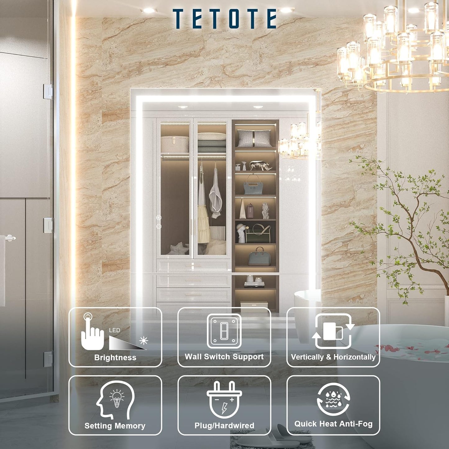 TETOTE 36 x 28 Bathroom LED Mirror Bedroom LED Mirror Fashion Style Vanity Makeup Mirror Dimmable Anti-Fog Wall Mounted Birthday Gift Housewarming Gift Wedding Gift