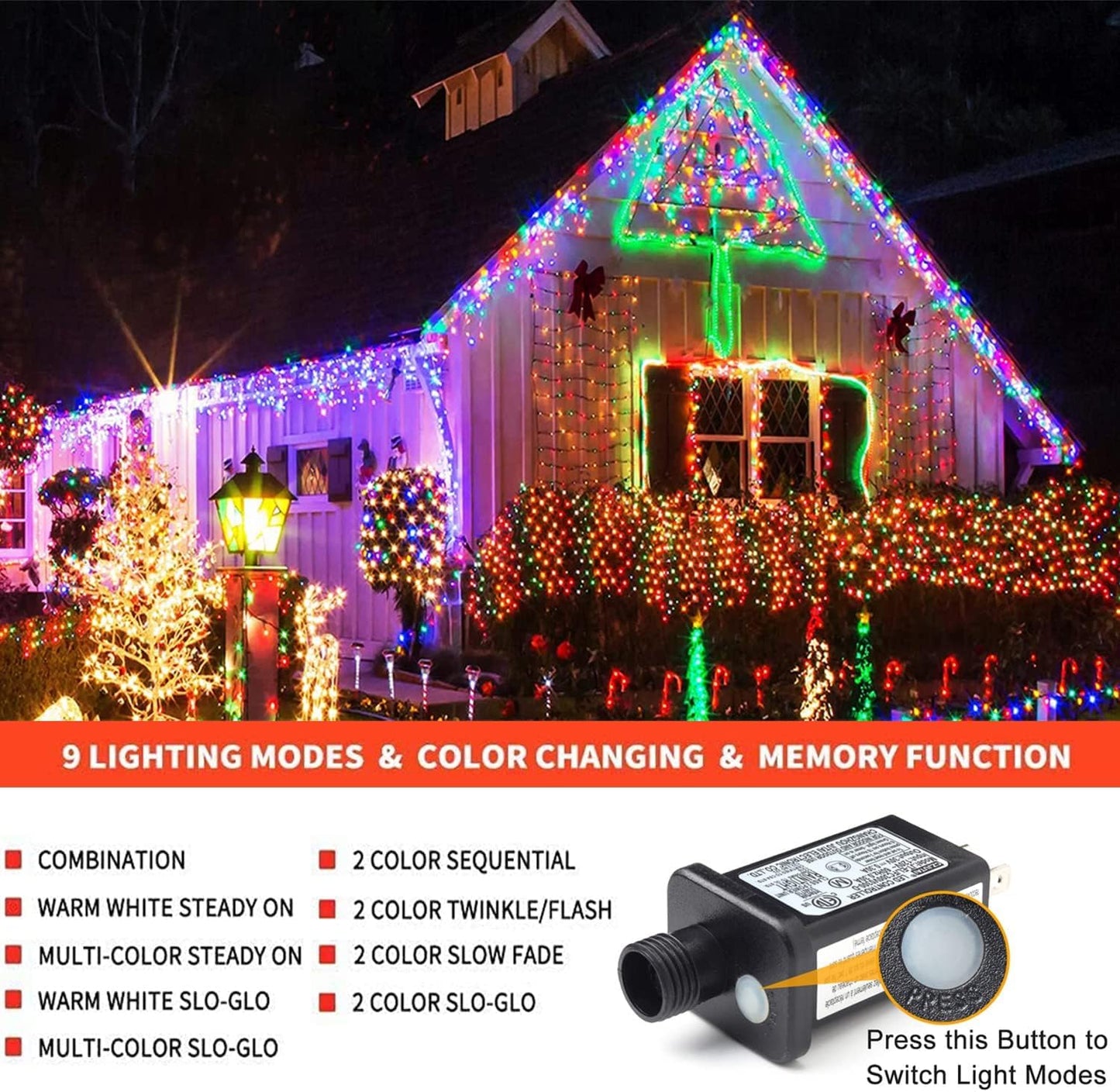 Haili Halloween Lights Outdoor, 105 FT 300 LED Halloween String Lights with Memory Function, Plug in 8 Mode String Lights for Halloween,Christmas,Party, Patio, House Decoration (Purple Orange)