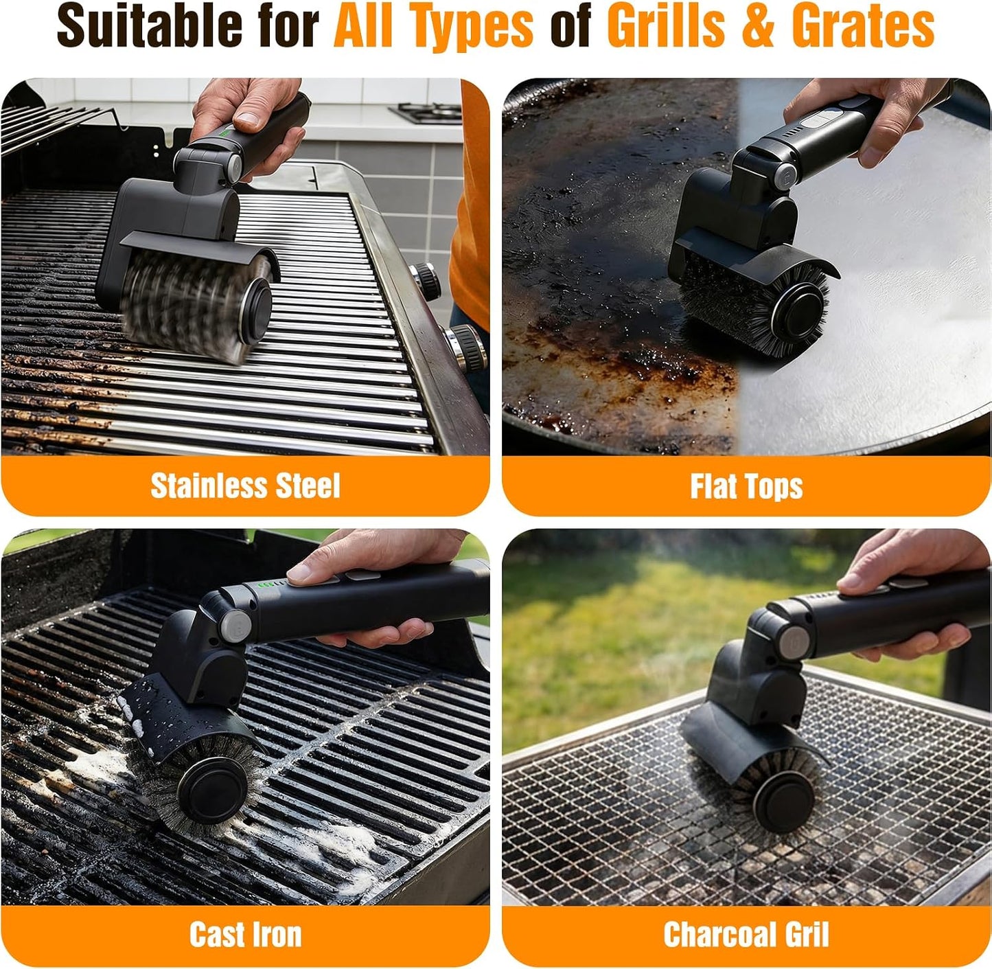 BlueFire 2 in 1 Electric Grill Brush, Cordless Electric Grill Cleaner, 360° Rotating Cleaner Brush Head, Rechargeable BBQ Grill Brushes for Outdoor Grill