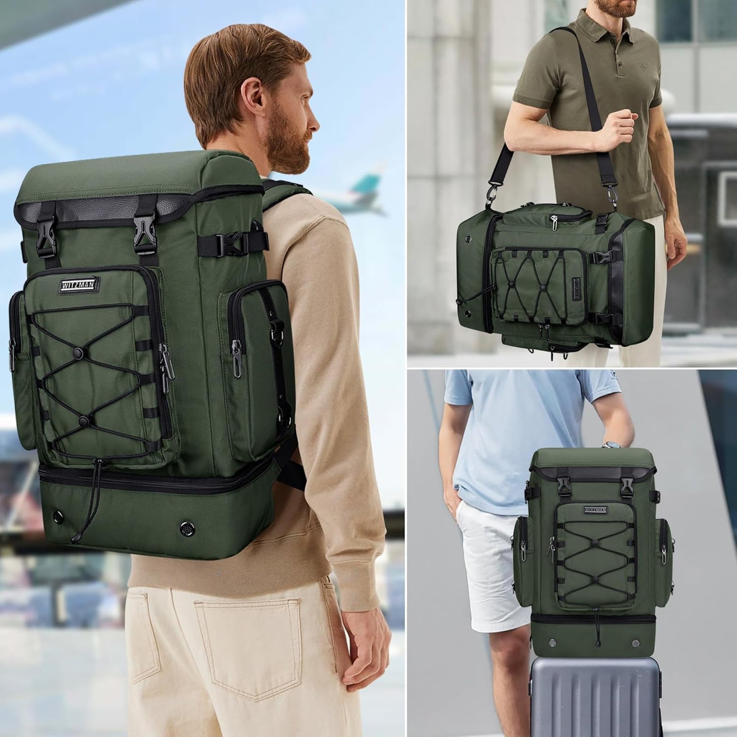 WITZMAN Travel Backpack for Men Women Carry on Bags for Airline Approved Convertible Duffle Luggage Backpack Shoe Compartment