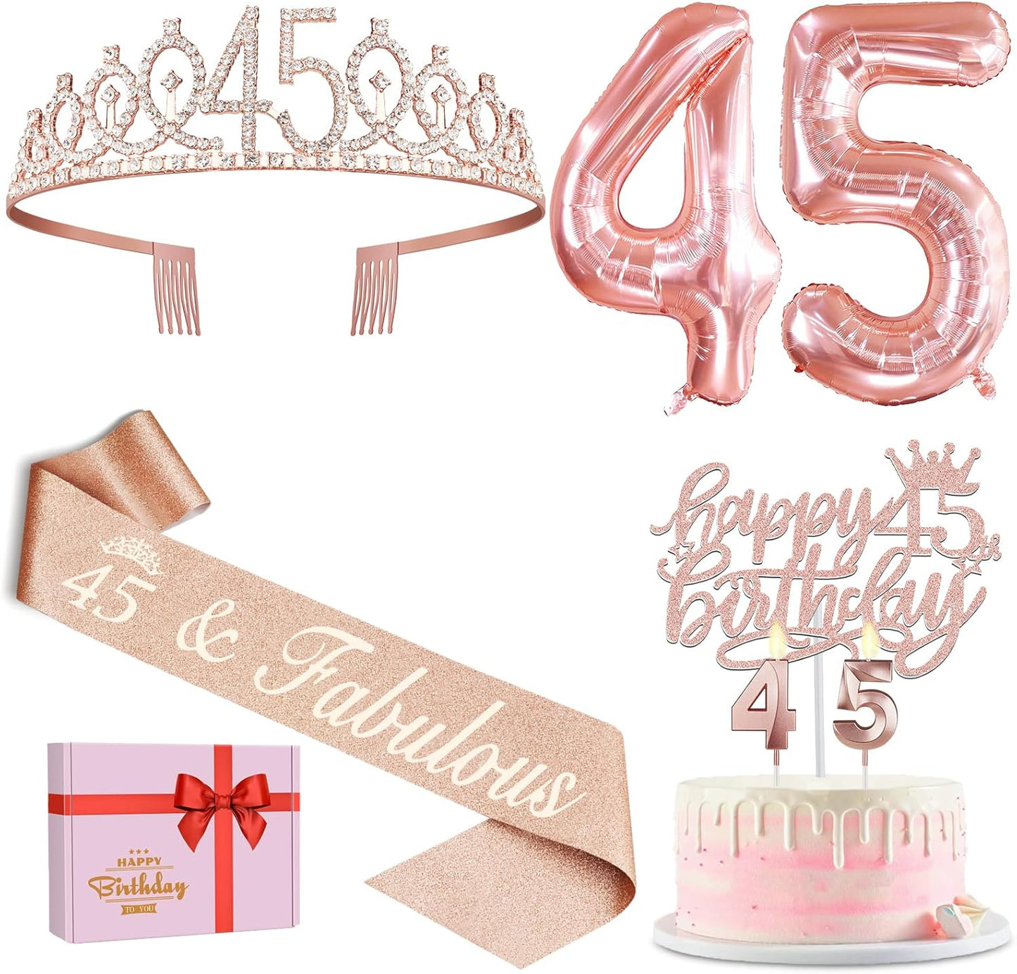 65th Birthday Decorations for Women, Including 65th Birthday Sash and Crown, Cake Topper and Candles, Number Balloons Rose Gold, 65 Year Old Gifts for Women