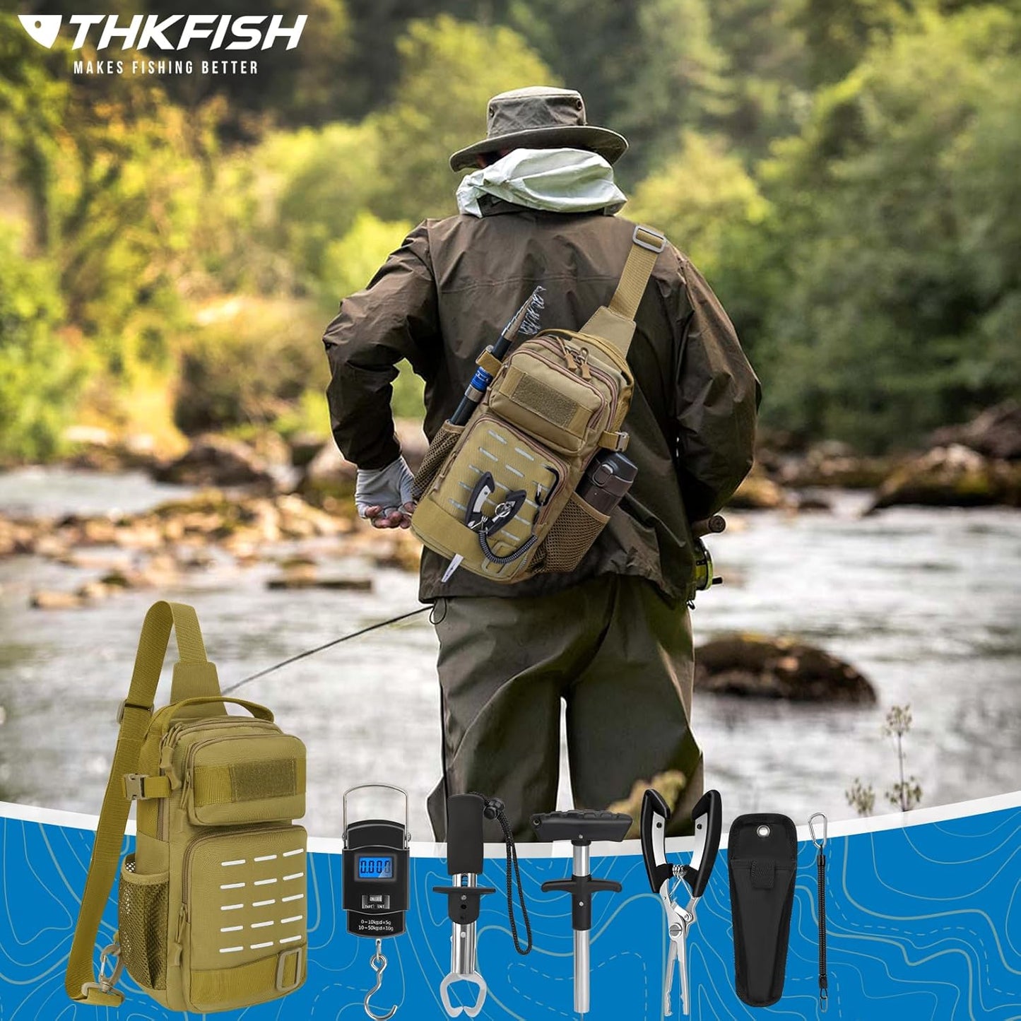 THKFISH 7 Pcs Fishing Tool Kit, Fishing Backpack with Fishing Pliers Tackle Kits, Fish Hook Remover Tools, Fish Plier with Sheath and Tool Lanyards, Digital Fishing Weight Scale