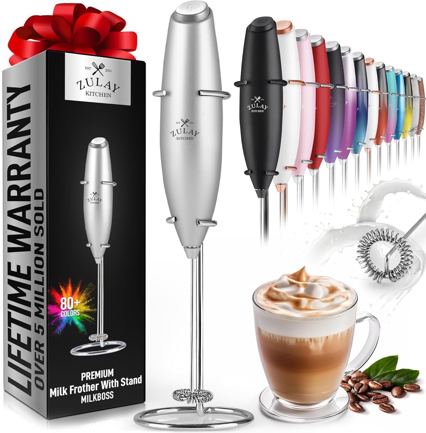 Zulay Kitchen Powerful Double Whisk Milk Frother Handheld - Foam Maker with Stand - Whisk Drink Mixer for Coffee, Mini Foamer for Latte, Matcha, Frappe, Hot Chocolate & Cappuccino (Black)