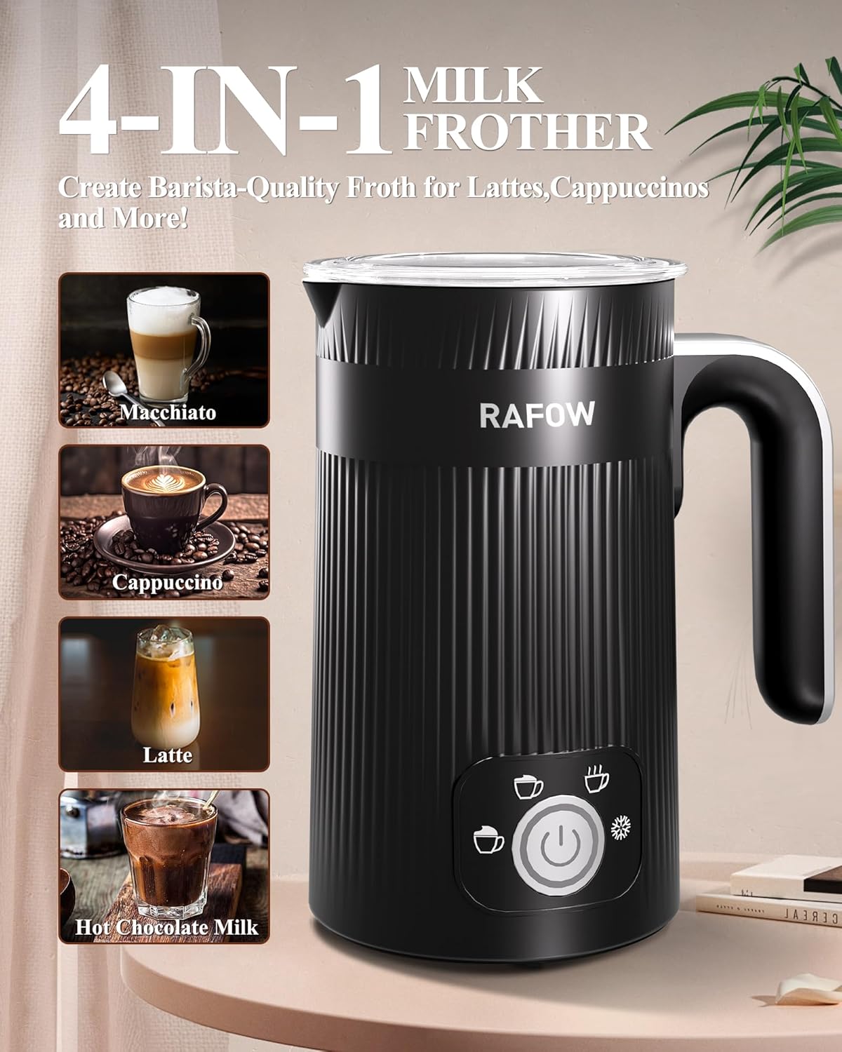 4 in 1 Electric Milk Frother: 10oz/350 mL Large Capacity Electric Milk Steamer for Hot and Cold Milk Froth - Automatic Milk Frother & Warmer for Latte, Cappuccinos, Macchiato, Hot Chocolate
