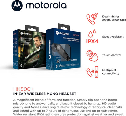 Motorola Sound HK500+ Bluetooth Earpiece Hands-Free Wireless Headset with Microphone - IPX4 Water Resistant Bluetooth Phone Earpiece for Phone Calls, Compatible with iPhone and Cell Phones