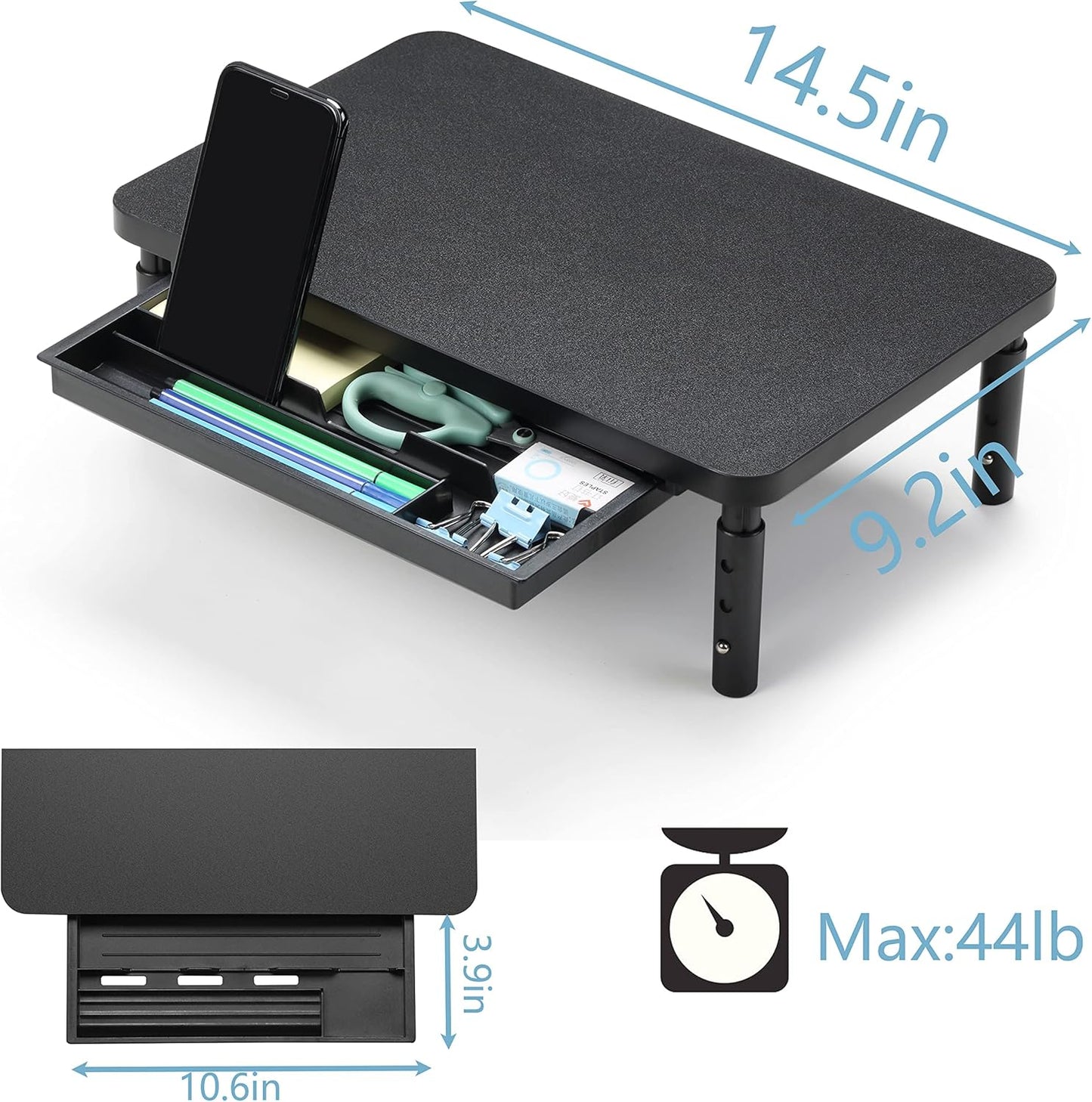 Adjustable Monitor Stand Riser with Storage Drawer, 3 Height Ergonomic Computer Monitor Stand for Desk, Wooden Desktop Monitor Shelf for Office and Home Use - PuriLite