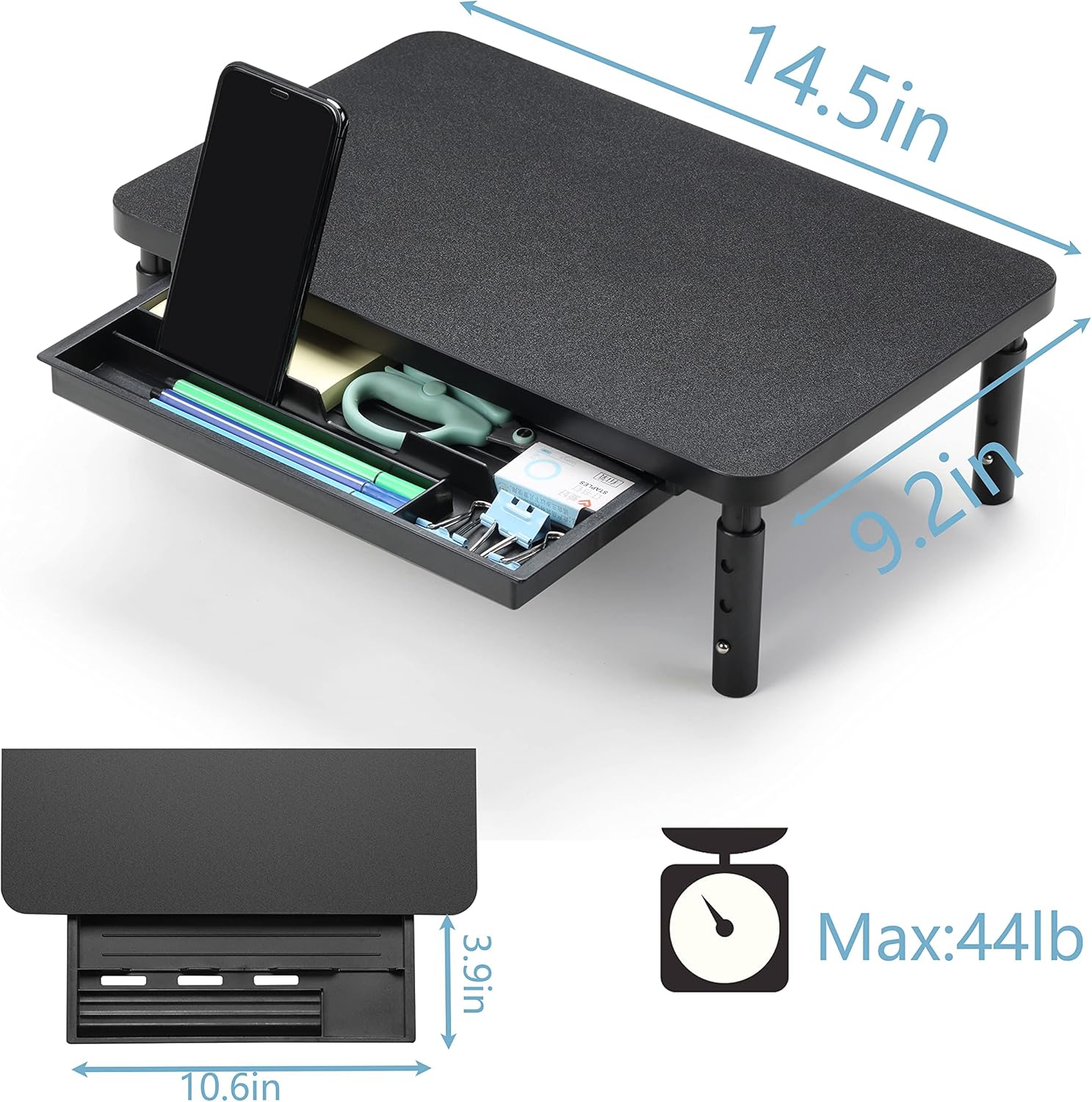 Adjustable Monitor Stand Riser with Storage Drawer, 3 Height Ergonomic Computer Monitor Stand for Desk, Wooden Desktop Monitor Shelf for Office and Home Use - PuriLite