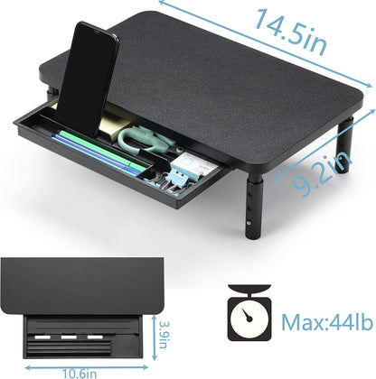 Adjustable Monitor Stand Riser with Storage Drawer, 3 Height Ergonomic Computer Monitor Stand for Desk, Wooden Desktop Monitor Shelf for Office and Home Use - PuriLite