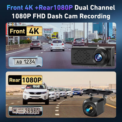 4K Dash Cam Front and Rear, 4k+1080p Dashcam for Car Built in GPS,5GHz WiFi, 64GB Card, Loop Recording Dash Cam w/Parking Monitor, Car Dash Cam Built-in Night Vision, App Control, WDR, G-Sensor