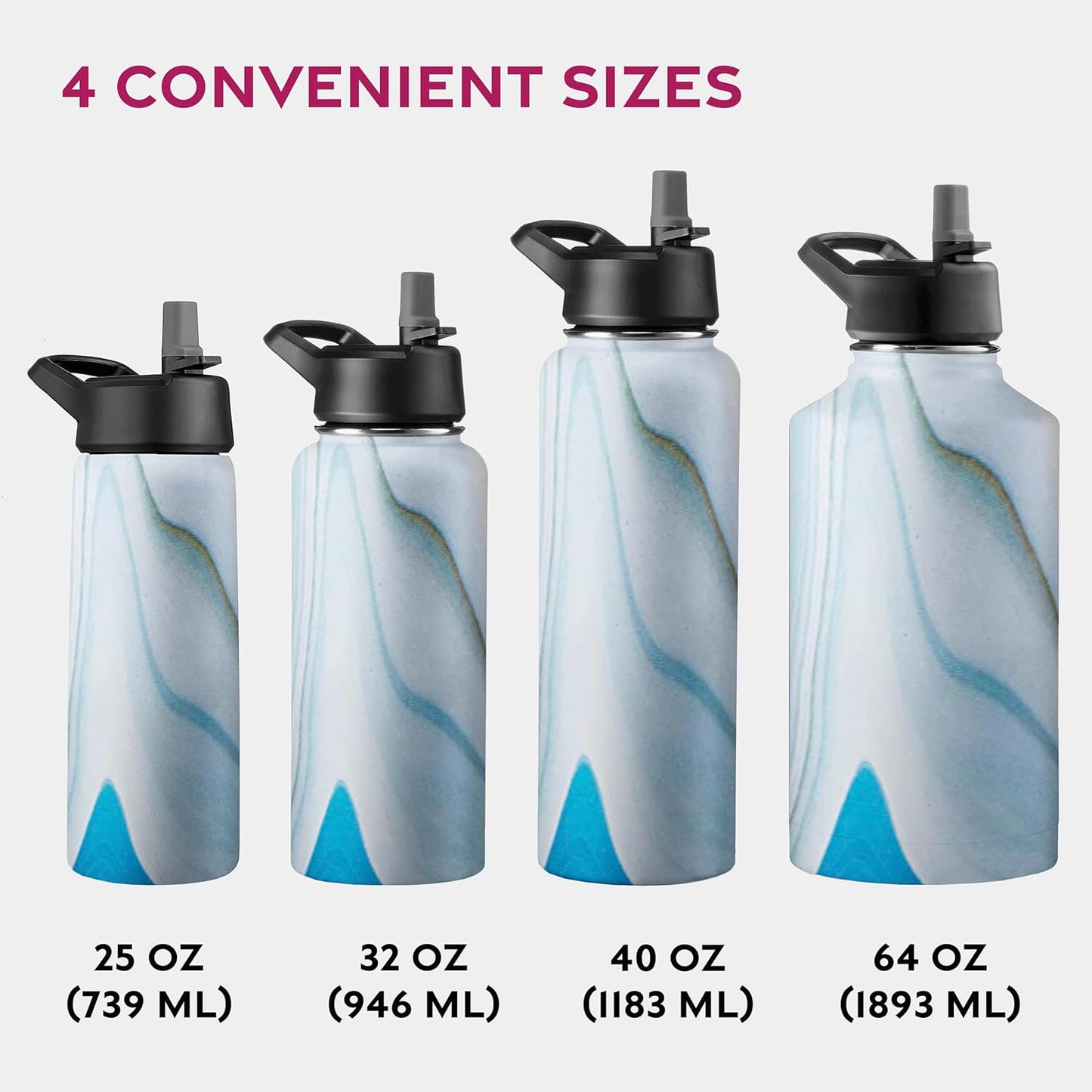 FineDine Water Bottle - Stainless Steel Insulated Water Bottle with Straw Lid, Flip Lid & Wide-Mouth Cap - Keeps Hot and Cold - 25 Oz / 739ml - Pure Pearly White