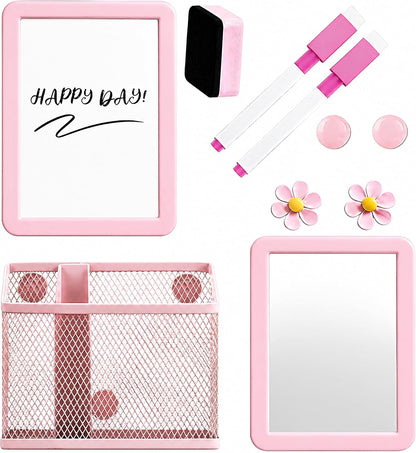 Magnetic Locker Accessories Set, Pink School Supplies, Dry Erase Whiteboard, Mirror, Mesh Pencil Holder, Marker Pen, Magnets, Back to School Essentials, Locker Decorations for Girls, 10 Pcs