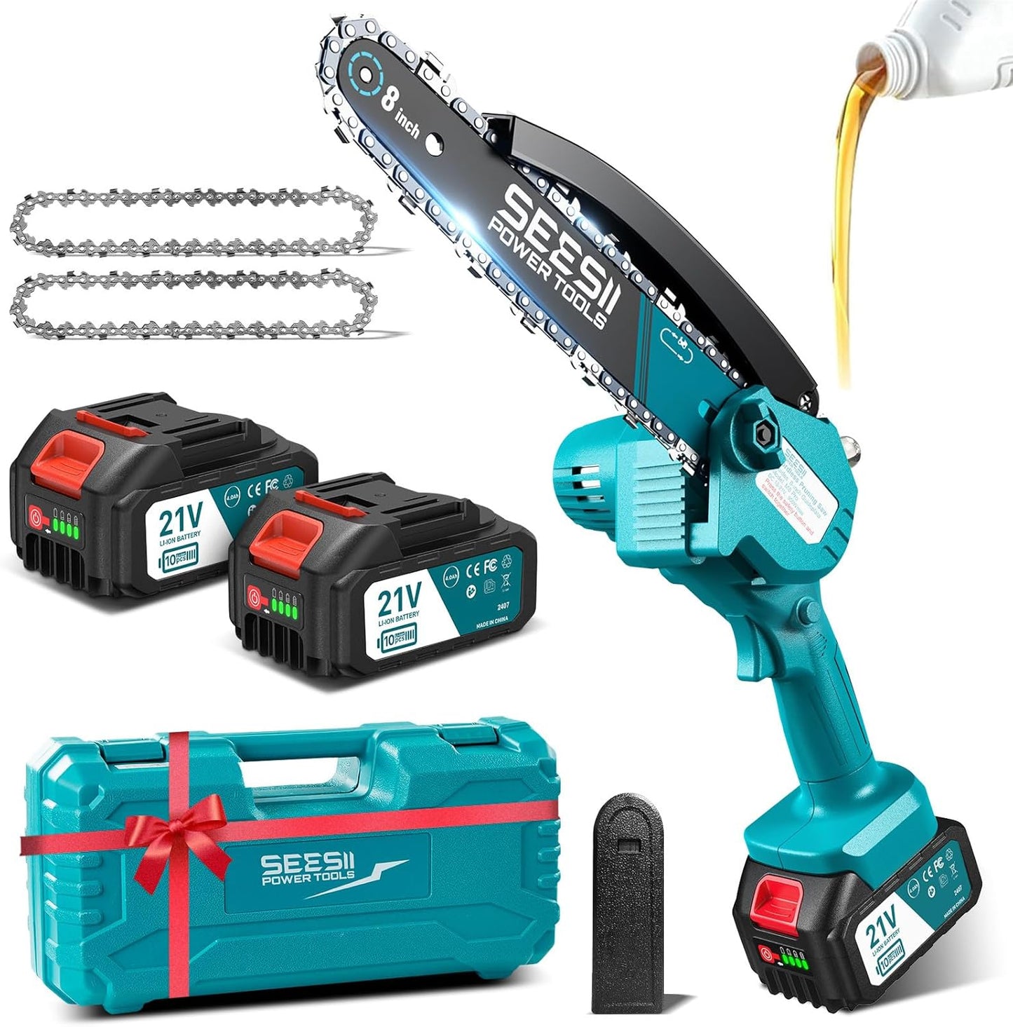 SEESII Cordless Mini Chainsaw 8 Inch, 2×4.0Ah Battery Powered Electric Saw