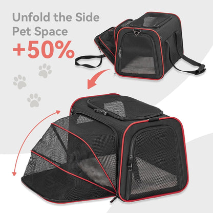 Petsfit Expandable Cat Dog Carrier Airline Approved, 17" L x 11" W x 11" H Soft-Sided Portable Pet Travel Carrier for Kitten, Puppy, Removable Soft Plush Mat and Pockets, Auto-Locking Zippers