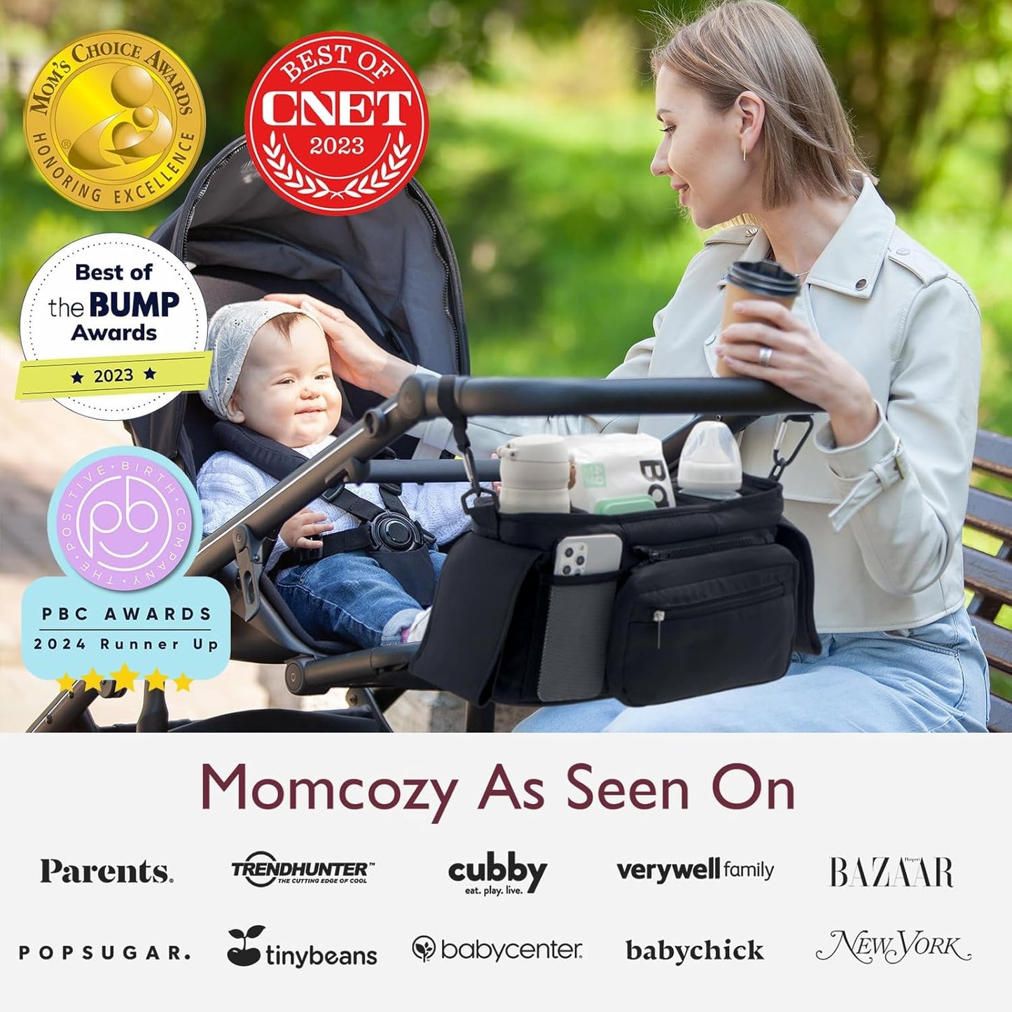 Universal Stroller Organizer with Insulated Cup Holder by Momcozy - Detachable Phone Bag & Shoulder Strap, Fits for Stroller like Uppababy, Baby Jogger, Britax, BOB, Umbrella and Pet Stroller