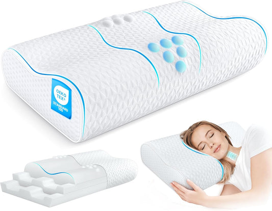 Sandwich Cervical Neck Pillow Queen Size, Memory Foam Pillow for Sleeping, Adjustable Contour Ergonomic Orthopedic Cooling Pillow for Side, Back & Stomach Sleepers（Soft）