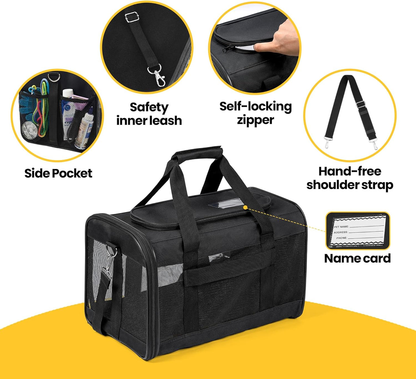 Conlun Cat Carrier Airline Approved, Soft-Sided Dog Carrier with Inner Safety Leash, Pet Transport Carrier for Small-Medium Cats Puppies up to 15 Lbs, Collapsible Travel Kitten Carrier Bag -Black M