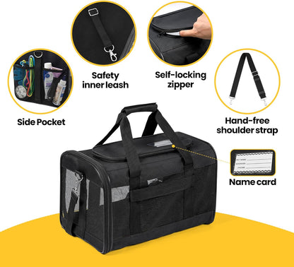 Conlun Cat Carrier Airline Approved, Soft-Sided Dog Carrier with Inner Safety Leash, Pet Transport Carrier for Small-Medium Cats Puppies up to 15 Lbs, Collapsible Travel Kitten Carrier Bag -Black M