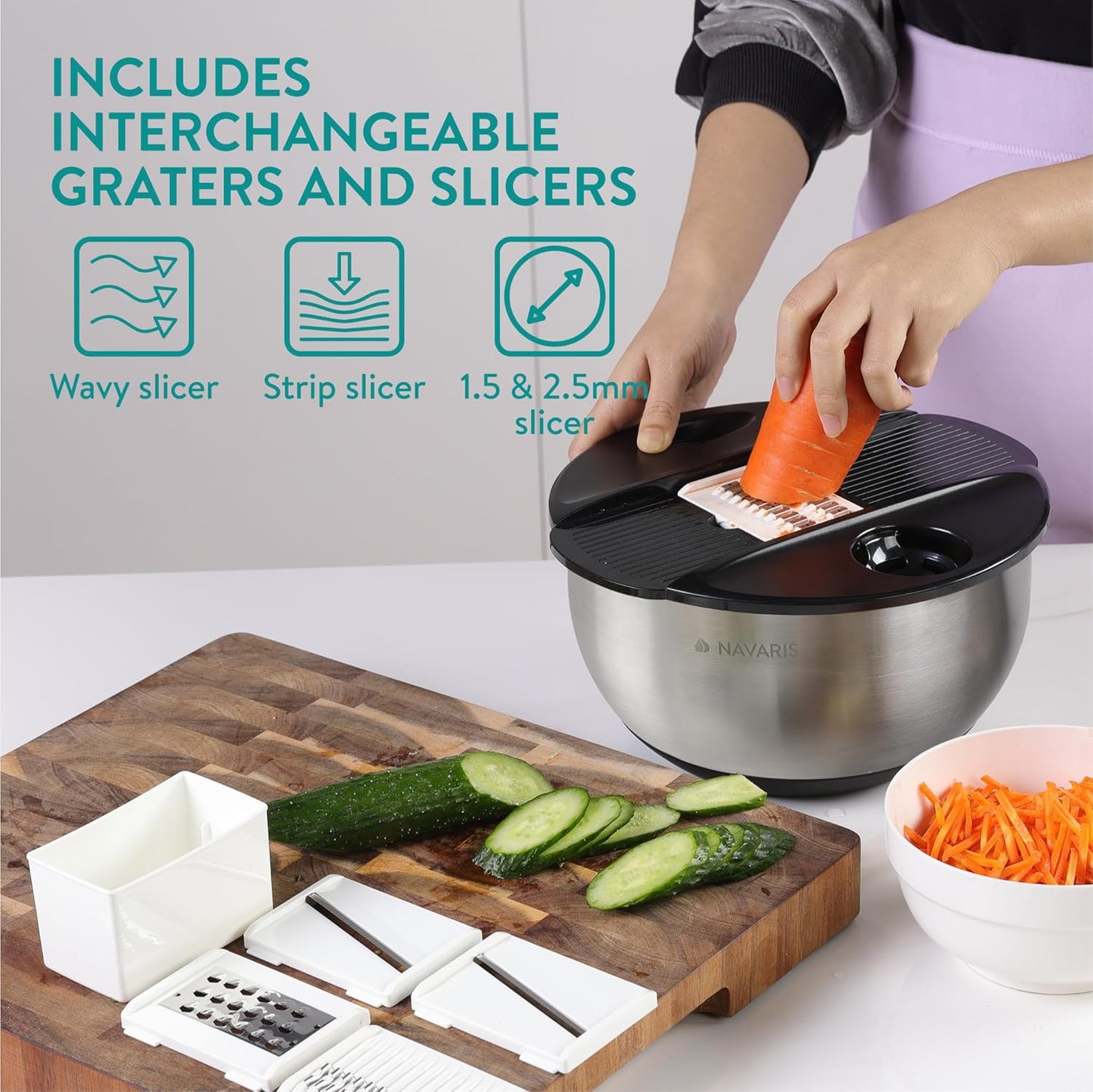 Navaris Salad Spinner with Lid - Salad Spinner Stainless Steel - Salad Dryer - Easy Washing, Drying and Spinning - Includes Grating and Slicing Discs