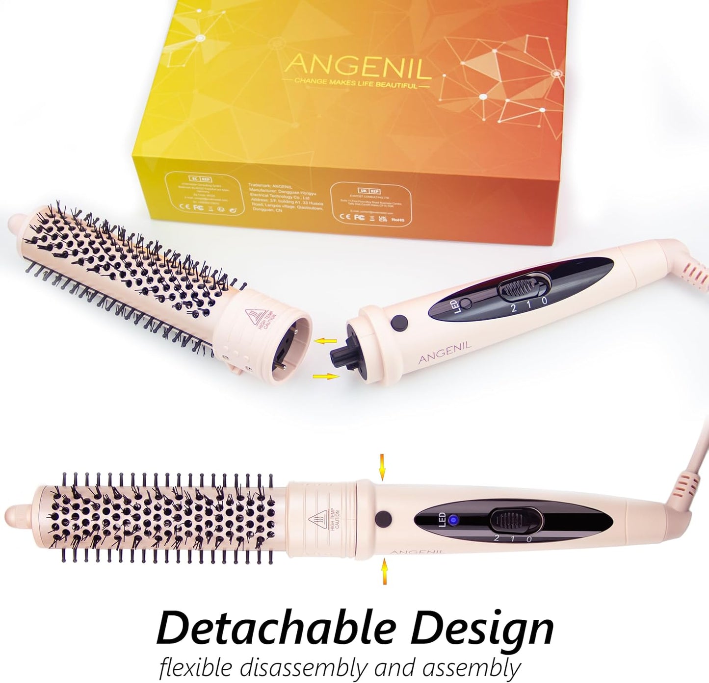 ANGENIL Portable Straightener Brush, Voluming and Hair Curling Styling for Blowout Look 1.5 inch, Hair Curling Brush Round Pink Hot Hair Comb for Women, Tourmaline Ceramic Curling Iron Waves