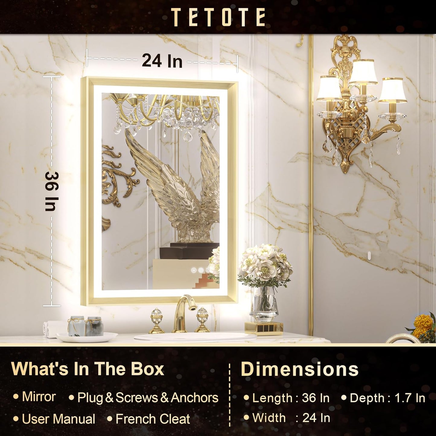 TETOTE 28x36 LED Mirror for Bathroom Black Metal Frame Frontlit & Backlit Lighted Vanity Mirror Baroque Gothic Anti Fog Stepless Dimmable White/Warm/Natural,Wall Mounted(Horizontal/Vertical)