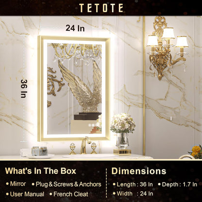 TETOTE 28x36 LED Mirror for Bathroom Black Metal Frame Frontlit & Backlit Lighted Vanity Mirror Baroque Gothic Anti Fog Stepless Dimmable White/Warm/Natural,Wall Mounted(Horizontal/Vertical)