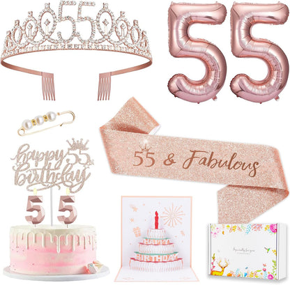 8pcs 40th Birthday Decorations gifts for Women, Including 40th Happy Birthday Cake Topper, Queen Sash with Pearl Pin, Sweet Rhinestone Tiara Crown for Women, Number Candles and Balloons (Rose Gold)