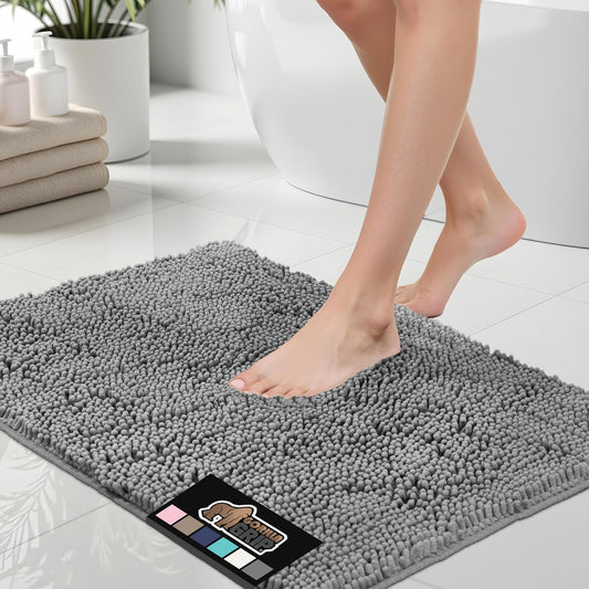 Gorilla Grip Bath Mat, Thick Soft Absorbent Chenille Floor Mats, Rubber Backing Bathmat, Quick Dry Rug, Machine Washable Rugs for Shower and Tub Floors, Bathroom Accessories Decor, 61x43 cm, Grey